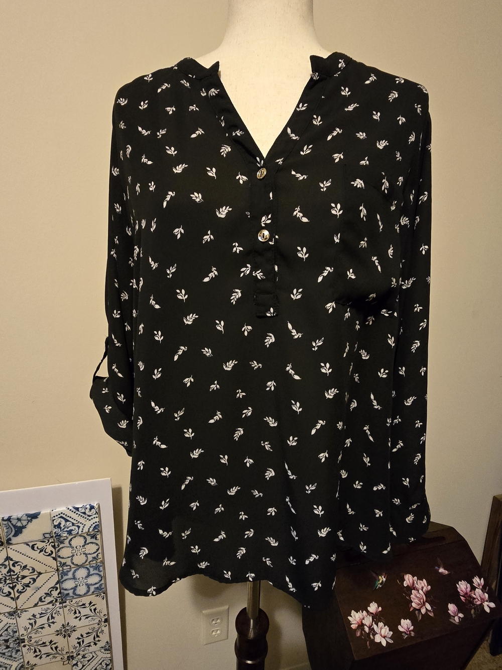 Zenobia Black Tunic with White Floral Print